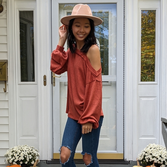 Rust Orange Shoulder Cut Out Long Sleeve Top - Picture 4 of 12